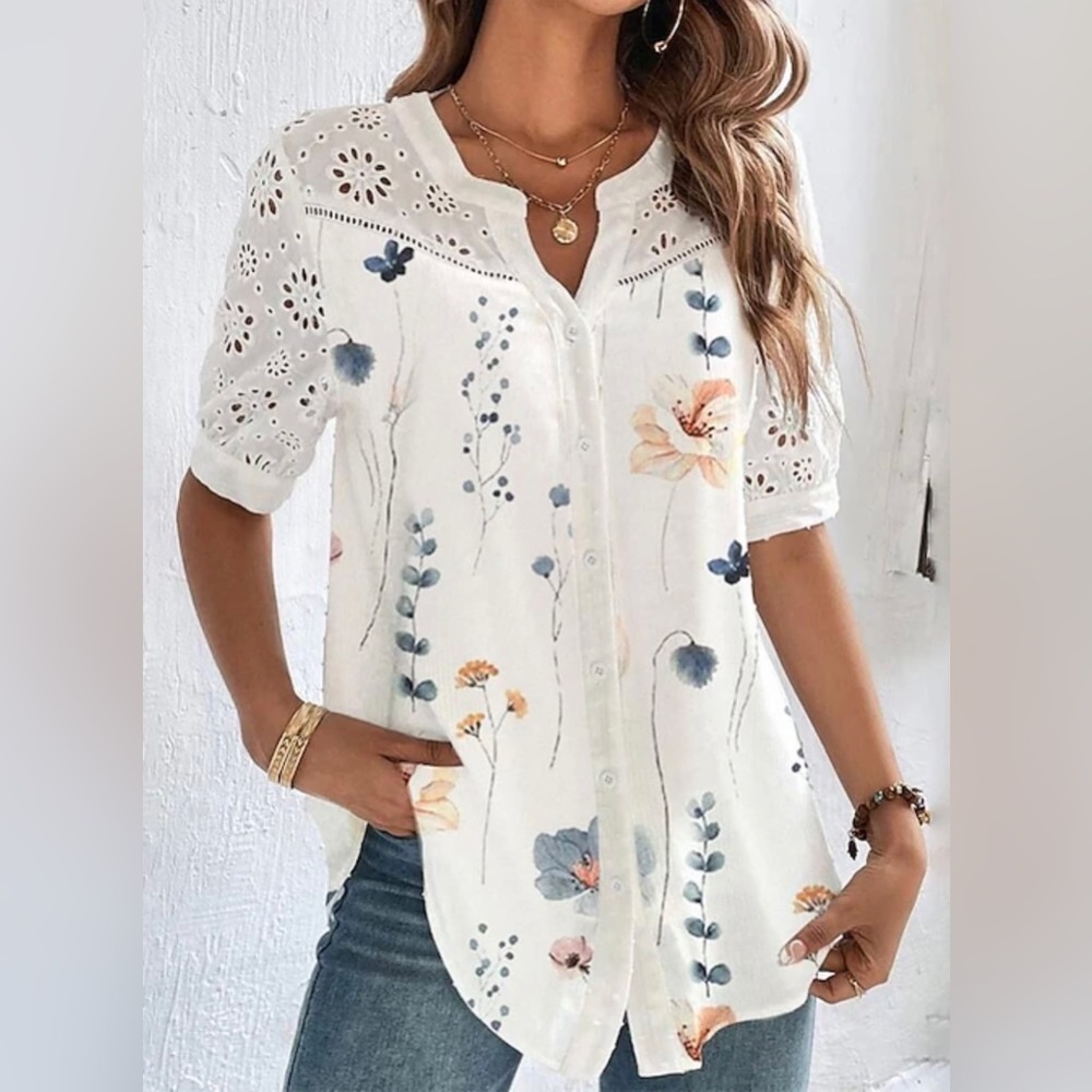 White Floral Short Sleeve Top